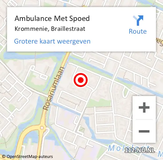 Locatie op kaart van de 112 melding: Ambulance Met Spoed Naar Krommenie, Braillestraat op 3 december 2023 16:26