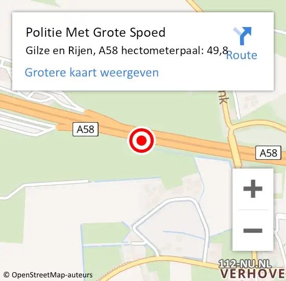Locatie op kaart van de 112 melding: Politie Met Grote Spoed Naar Gilze en Rijen, A58 hectometerpaal: 49,8 op 3 december 2023 18:11