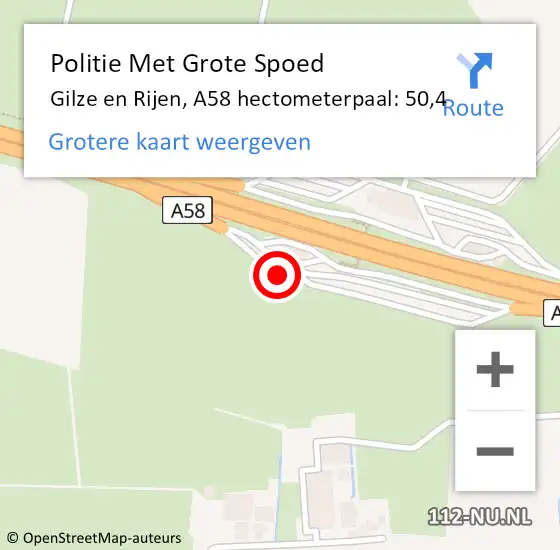 Locatie op kaart van de 112 melding: Politie Met Grote Spoed Naar Gilze en Rijen, A58 hectometerpaal: 50,4 op 3 december 2023 18:12