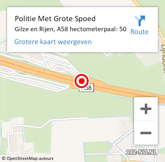 Locatie op kaart van de 112 melding: Politie Met Grote Spoed Naar Gilze en Rijen, A58 hectometerpaal: 50 op 3 december 2023 18:12