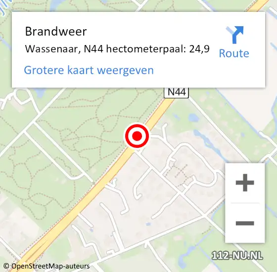 Locatie op kaart van de 112 melding: Brandweer Wassenaar, N44 hectometerpaal: 24,9 op 4 december 2023 02:26