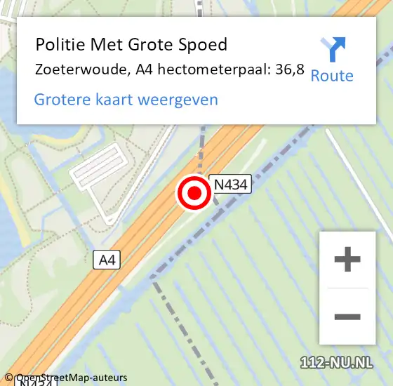 Locatie op kaart van de 112 melding: Politie Met Grote Spoed Naar Zoeterwoude, A4 hectometerpaal: 36,8 op 4 december 2023 05:54