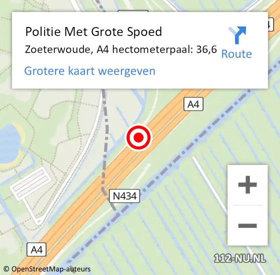 Locatie op kaart van de 112 melding: Politie Met Grote Spoed Naar Zoeterwoude, A4 hectometerpaal: 36,6 op 4 december 2023 06:03