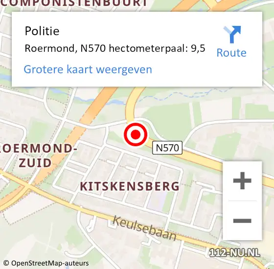 Locatie op kaart van de 112 melding: Politie Roermond, N570 hectometerpaal: 9,5 op 4 december 2023 06:58