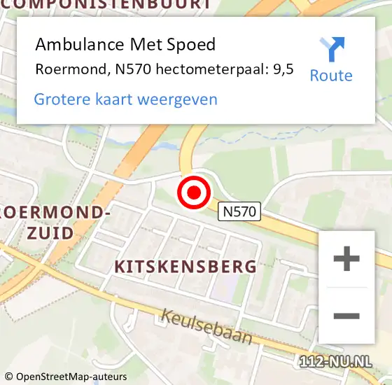 Locatie op kaart van de 112 melding: Ambulance Met Spoed Naar Roermond, N570 hectometerpaal: 9,5 op 4 december 2023 07:01