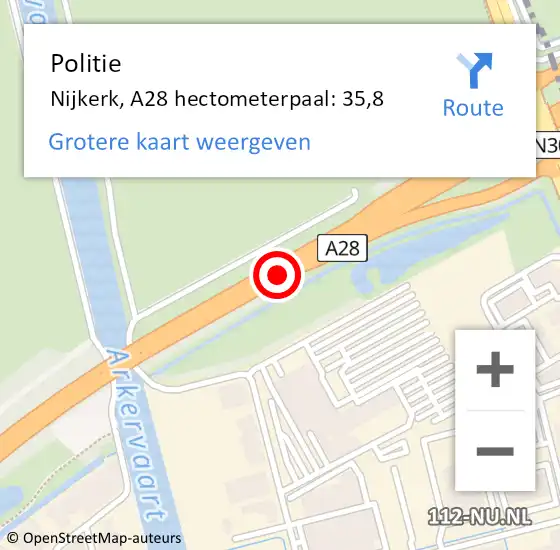 Locatie op kaart van de 112 melding: Politie Nijkerk, A28 hectometerpaal: 35,8 op 4 december 2023 07:24