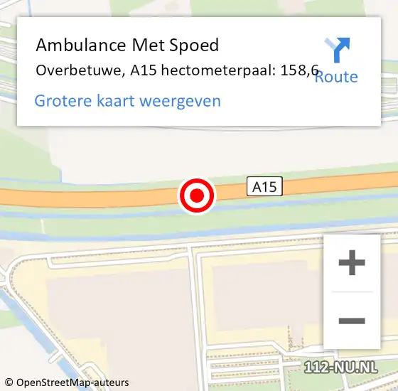 Locatie op kaart van de 112 melding: Ambulance Met Spoed Naar Overbetuwe, A15 hectometerpaal: 158,6 op 4 december 2023 09:03