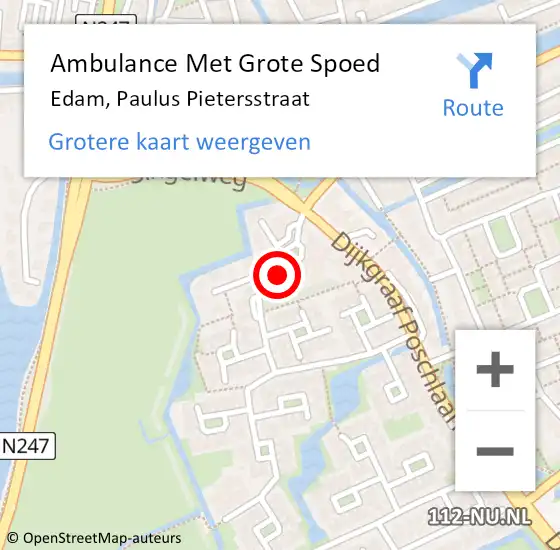 Locatie op kaart van de 112 melding: Ambulance Met Grote Spoed Naar Edam, Paulus Pietersstraat op 4 december 2023 09:28