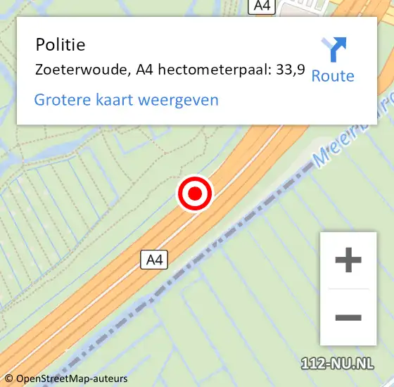 Locatie op kaart van de 112 melding: Politie Zoeterwoude, A4 hectometerpaal: 33,9 op 4 december 2023 09:47