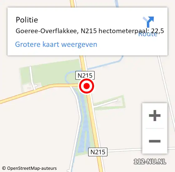 Locatie op kaart van de 112 melding: Politie Goeree-Overflakkee, N215 hectometerpaal: 22,5 op 4 december 2023 09:49