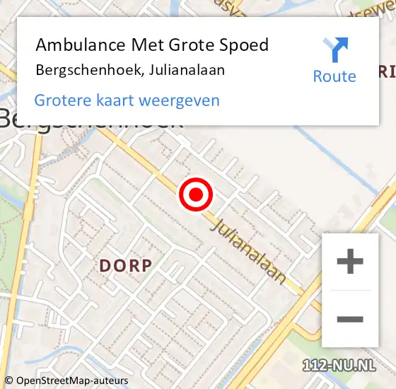 Locatie op kaart van de 112 melding: Ambulance Met Grote Spoed Naar Bergschenhoek, Julianalaan op 4 december 2023 10:09