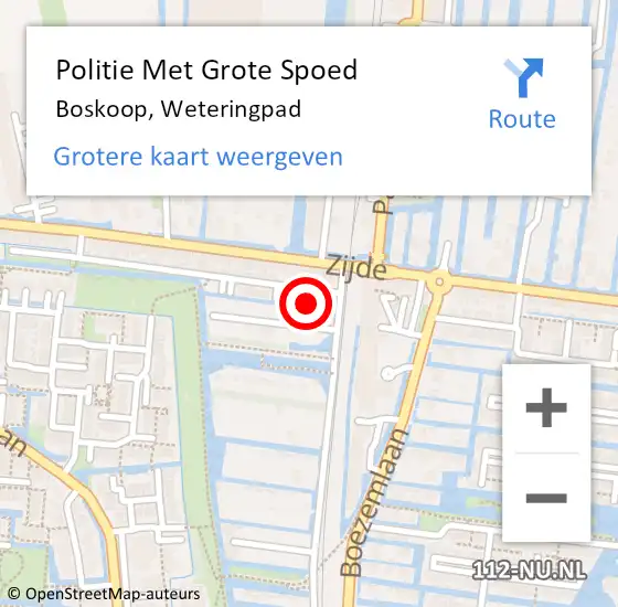 Locatie op kaart van de 112 melding: Politie Met Grote Spoed Naar Boskoop, Weteringpad op 4 december 2023 11:58