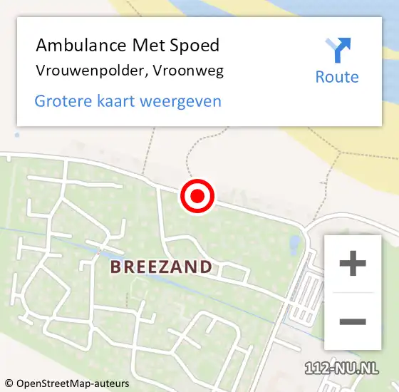 Locatie op kaart van de 112 melding: Ambulance Met Spoed Naar Vrouwenpolder, Vroonweg op 17 september 2014 12:21