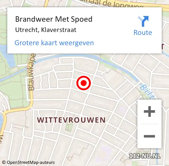 Locatie op kaart van de 112 melding: Brandweer Met Spoed Naar Utrecht, Klaverstraat op 4 december 2023 13:30