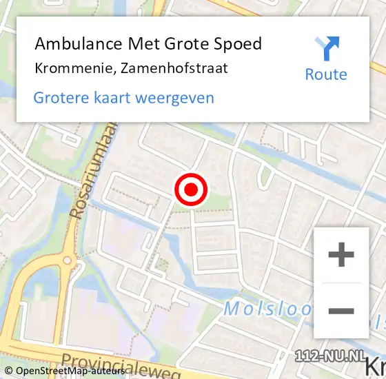 Locatie op kaart van de 112 melding: Ambulance Met Grote Spoed Naar Krommenie, Zamenhofstraat op 4 december 2023 13:54