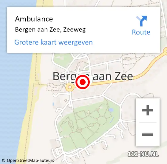 Locatie op kaart van de 112 melding: Ambulance Bergen aan Zee, Zeeweg op 4 december 2023 15:24