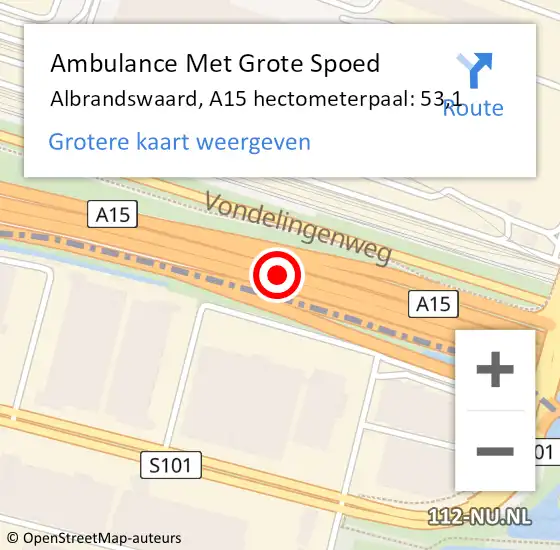 Locatie op kaart van de 112 melding: Ambulance Met Grote Spoed Naar Albrandswaard, A15 hectometerpaal: 53,1 op 4 december 2023 16:46