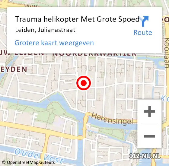 Locatie op kaart van de 112 melding: Trauma helikopter Met Grote Spoed Naar Leiden, Julianastraat op 4 december 2023 18:08