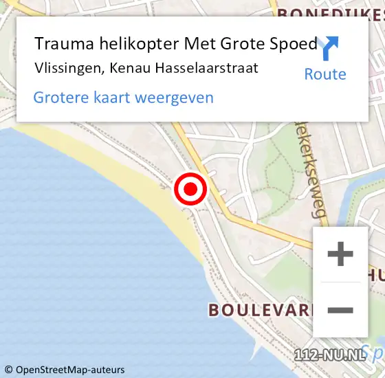 Locatie op kaart van de 112 melding: Trauma helikopter Met Grote Spoed Naar Vlissingen, Kenau Hasselaarstraat op 4 december 2023 18:46