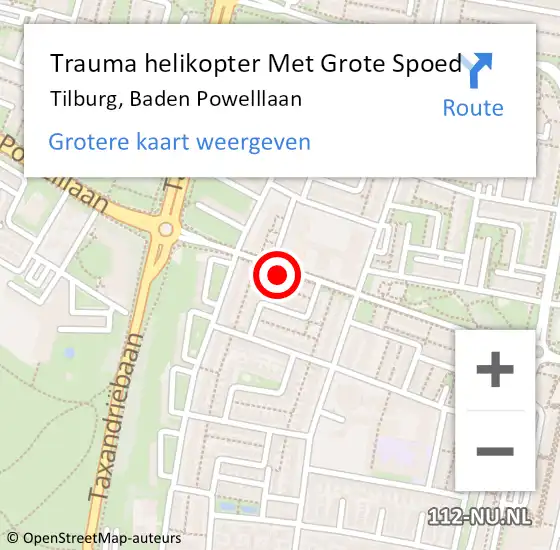 Locatie op kaart van de 112 melding: Trauma helikopter Met Grote Spoed Naar Tilburg, Baden Powelllaan op 4 december 2023 18:57