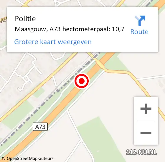 Locatie op kaart van de 112 melding: Politie Maasgouw, A73 hectometerpaal: 10,7 op 4 december 2023 19:02