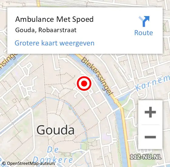 Locatie op kaart van de 112 melding: Ambulance Met Spoed Naar Gouda, Robaarstraat op 4 december 2023 20:11