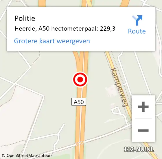 Locatie op kaart van de 112 melding: Politie Heerde, A50 hectometerpaal: 229,3 op 4 december 2023 21:21