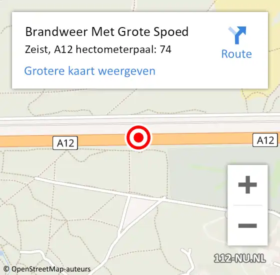 Locatie op kaart van de 112 melding: Brandweer Met Grote Spoed Naar Zeist, A12 hectometerpaal: 74 op 5 december 2023 06:55