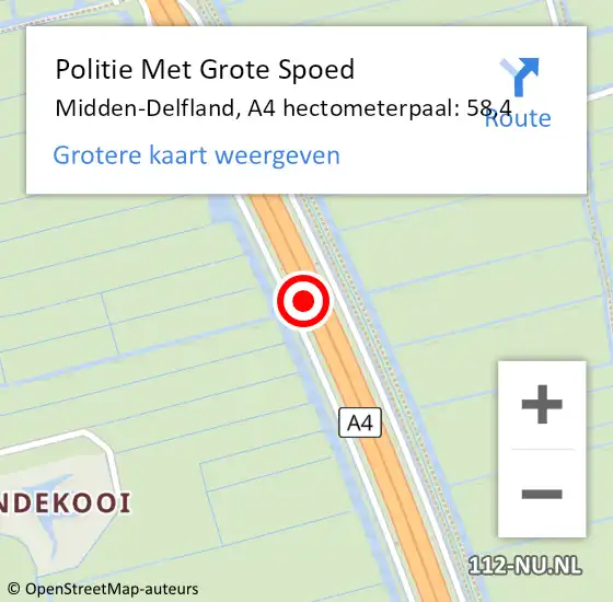 Locatie op kaart van de 112 melding: Politie Met Grote Spoed Naar Midden-Delfland, A4 hectometerpaal: 58,4 op 5 december 2023 07:31