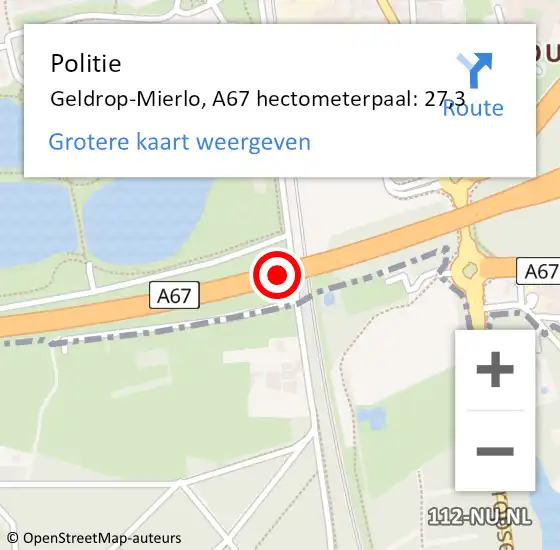 Locatie op kaart van de 112 melding: Politie Geldrop-Mierlo, A67 hectometerpaal: 27,3 op 5 december 2023 08:02
