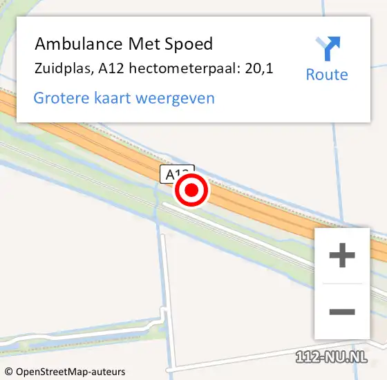 Locatie op kaart van de 112 melding: Ambulance Met Spoed Naar Zuidplas, A12 hectometerpaal: 20,1 op 5 december 2023 08:10