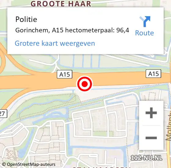 Locatie op kaart van de 112 melding: Politie Gorinchem, A15 hectometerpaal: 96,4 op 5 december 2023 08:51