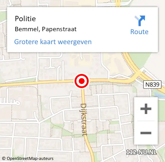 Locatie op kaart van de 112 melding: Politie Bemmel, Papenstraat op 17 september 2014 14:12