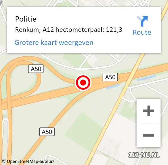 Locatie op kaart van de 112 melding: Politie Renkum, A12 hectometerpaal: 121,3 op 5 december 2023 16:00