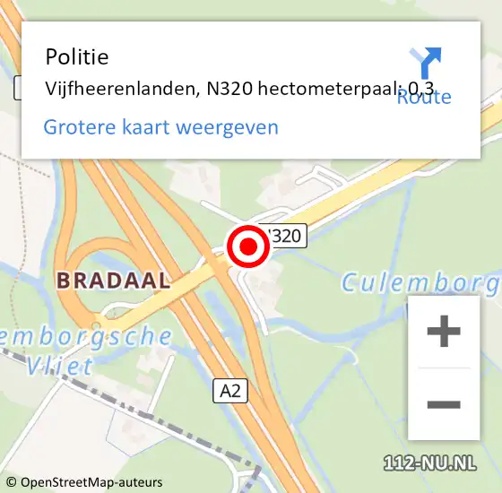 Locatie op kaart van de 112 melding: Politie Vijfheerenlanden, N320 hectometerpaal: 0,3 op 5 december 2023 17:07