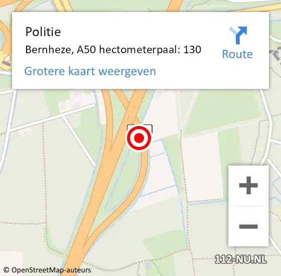 Locatie op kaart van de 112 melding: Politie Bernheze, A50 hectometerpaal: 130 op 5 december 2023 17:18