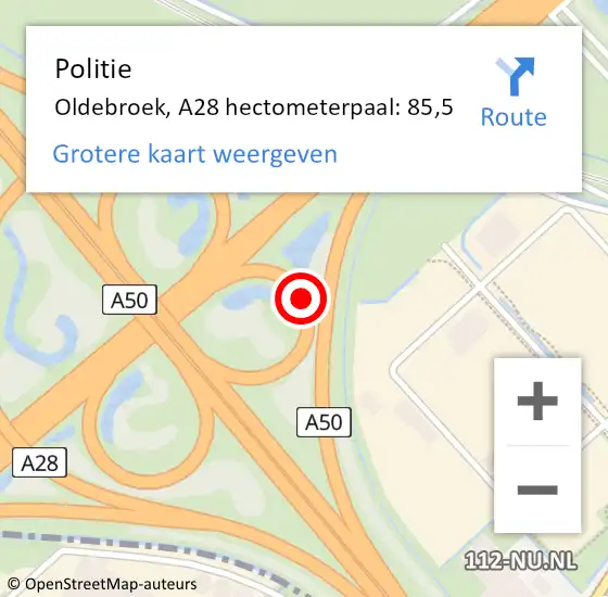 Locatie op kaart van de 112 melding: Politie Oldebroek, A28 hectometerpaal: 85,5 op 5 december 2023 17:23