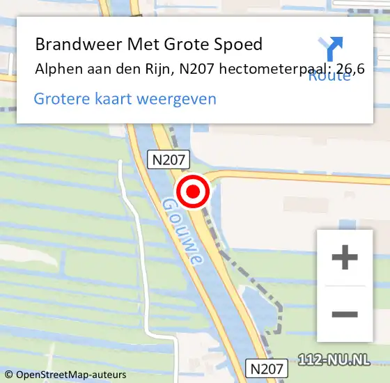 Locatie op kaart van de 112 melding: Brandweer Met Grote Spoed Naar Alphen aan den Rijn, N207 hectometerpaal: 26,6 op 5 december 2023 17:42