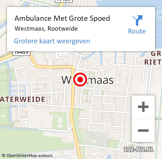 Locatie op kaart van de 112 melding: Ambulance Met Grote Spoed Naar Westmaas, Rootweide op 5 december 2023 17:50