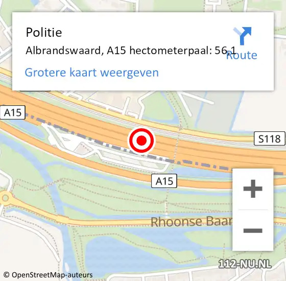 Locatie op kaart van de 112 melding: Politie Albrandswaard, A15 hectometerpaal: 56,1 op 5 december 2023 17:53