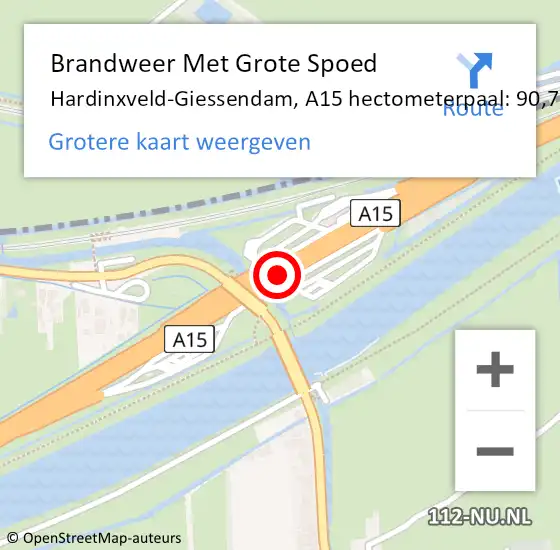 Locatie op kaart van de 112 melding: Brandweer Met Grote Spoed Naar Hardinxveld-Giessendam, A15 hectometerpaal: 90,7 op 5 december 2023 17:56