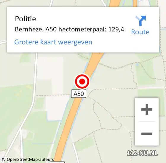 Locatie op kaart van de 112 melding: Politie Bernheze, A50 hectometerpaal: 129,4 op 5 december 2023 17:57