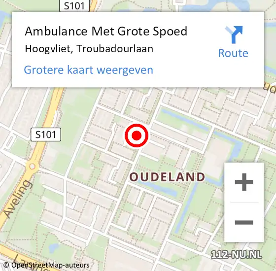 Locatie op kaart van de 112 melding: Ambulance Met Grote Spoed Naar Hoogvliet, Troubadourlaan op 5 december 2023 21:53