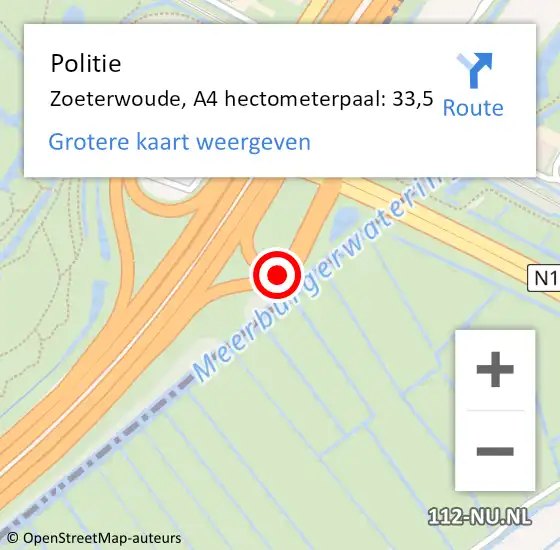 Locatie op kaart van de 112 melding: Politie Zoeterwoude, A4 hectometerpaal: 33,5 op 6 december 2023 08:17