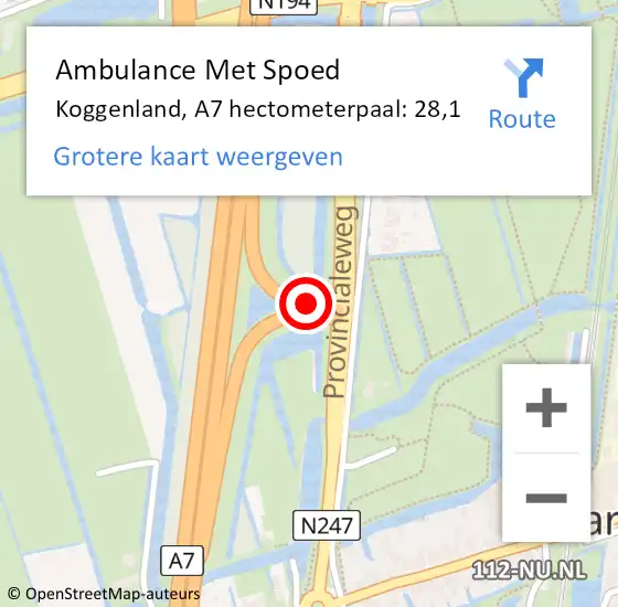 Locatie op kaart van de 112 melding: Ambulance Met Spoed Naar Koggenland, A7 hectometerpaal: 28,1 op 6 december 2023 08:28