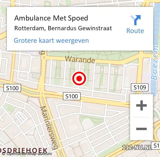 Locatie op kaart van de 112 melding: Ambulance Met Spoed Naar Rotterdam, Bernardus Gewinstraat op 6 december 2023 09:55