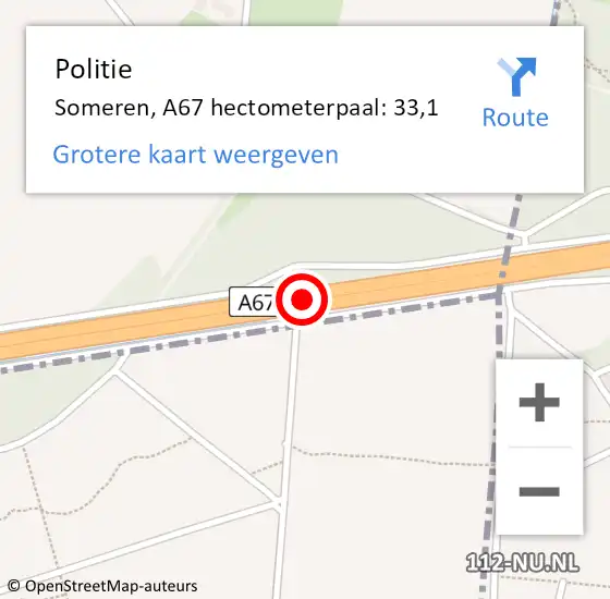 Locatie op kaart van de 112 melding: Politie Someren, A67 hectometerpaal: 33,1 op 6 december 2023 12:45