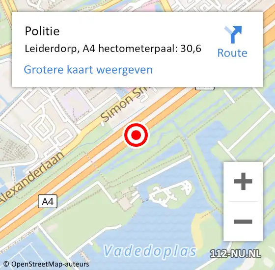 Locatie op kaart van de 112 melding: Politie Leiderdorp, A4 hectometerpaal: 30,6 op 6 december 2023 13:25