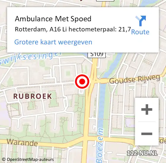 Locatie op kaart van de 112 melding: Ambulance Met Spoed Naar Rotterdam, A16 L hectometerpaal: 21,7 op 17 september 2014 16:04