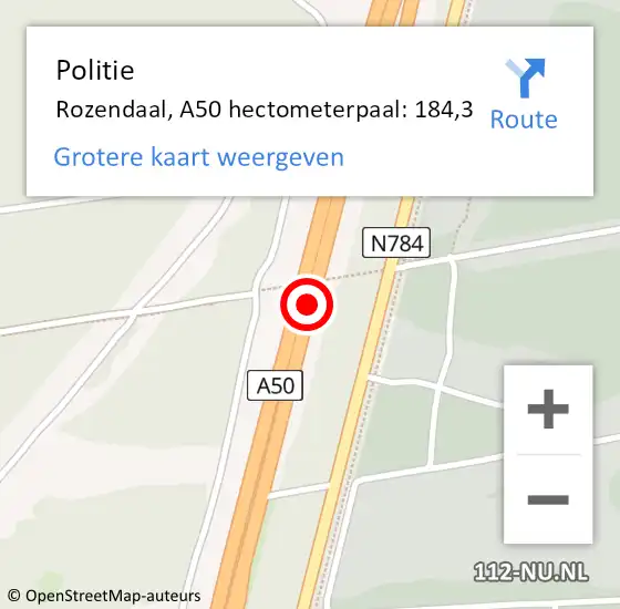 Locatie op kaart van de 112 melding: Politie Rozendaal, A50 hectometerpaal: 184,3 op 6 december 2023 16:43